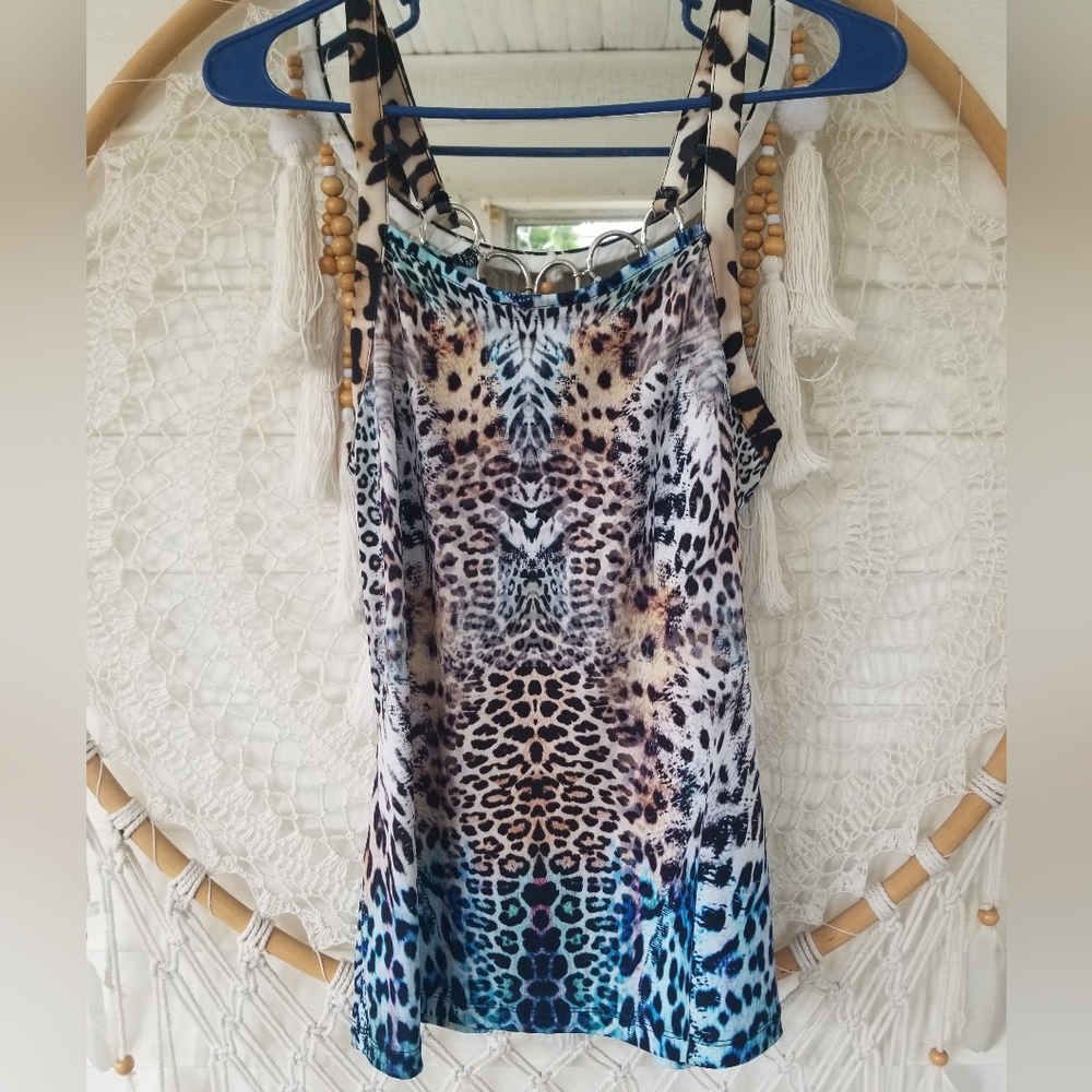 Venus Vibrant Blue & Tan Animal O Ring Detail Top Size Medium - Picture 4 of 4